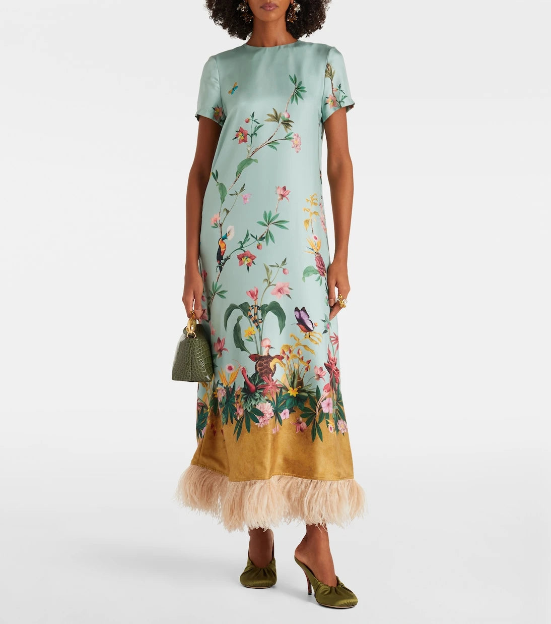 La DoubleJ - Swing feather-trimmed silk twill maxi dress
