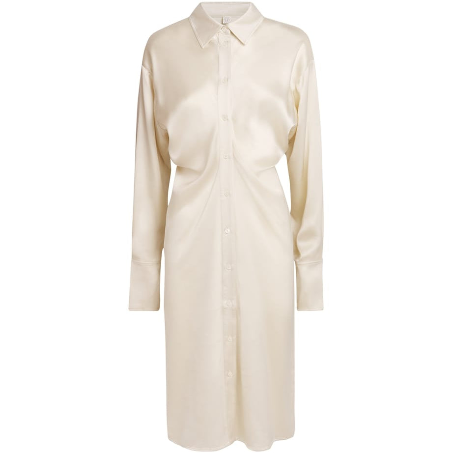 Toteme White Satin Slouch-Waist Shirt Dress