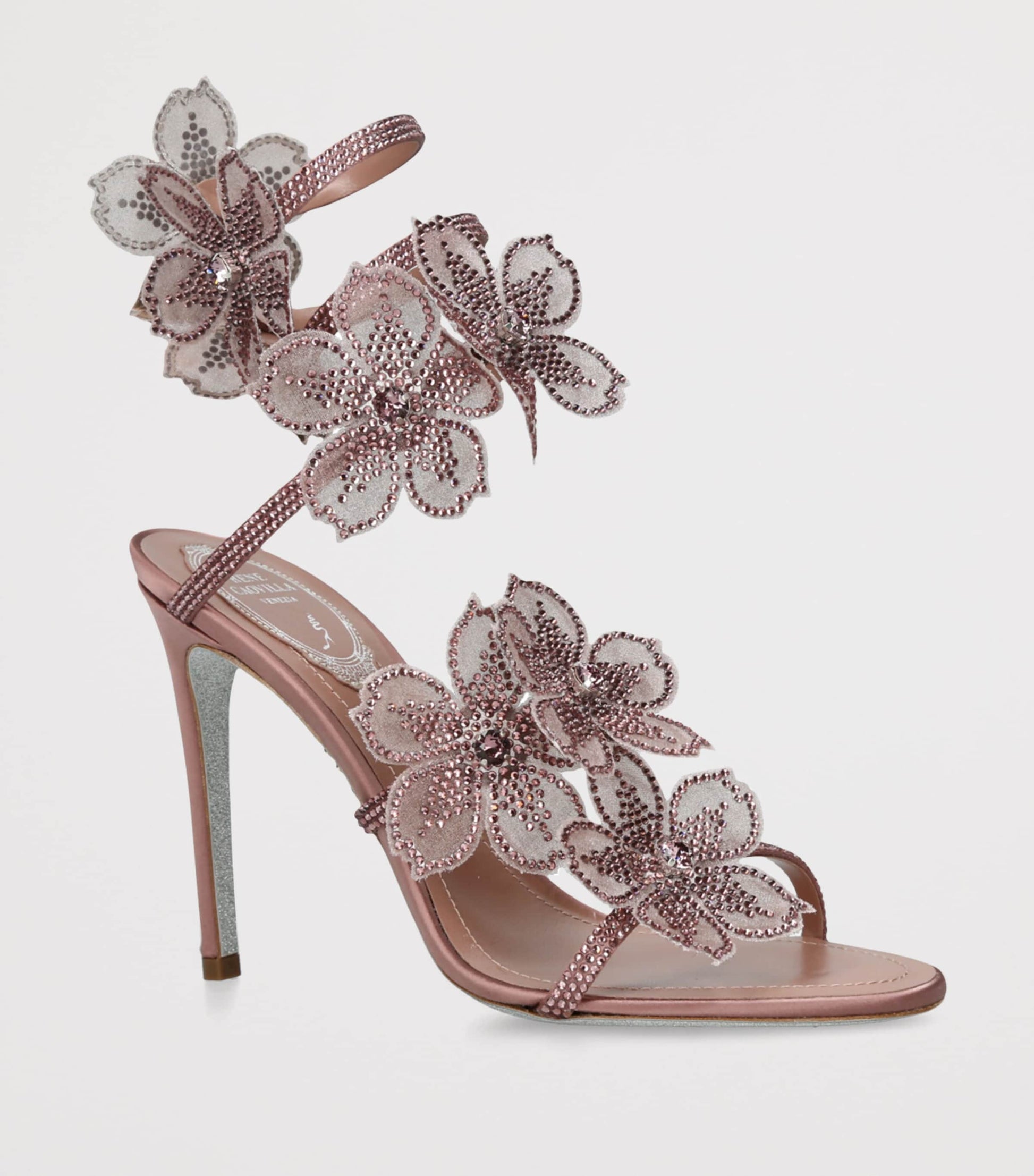 René Caovilla Nude Satin Floral Cleo Sandals 105