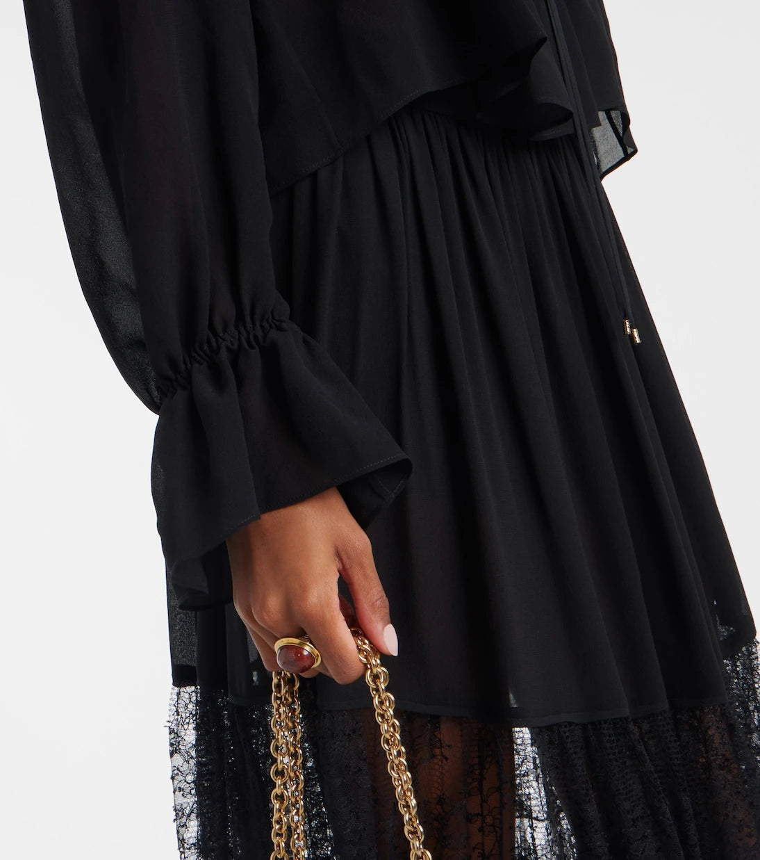 Chloé - Gathered lace-trimmed silk georgette blouse