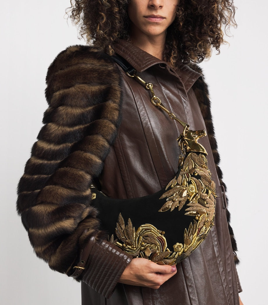 Chloé Black Suede Embellished Horse Shoulder Bag