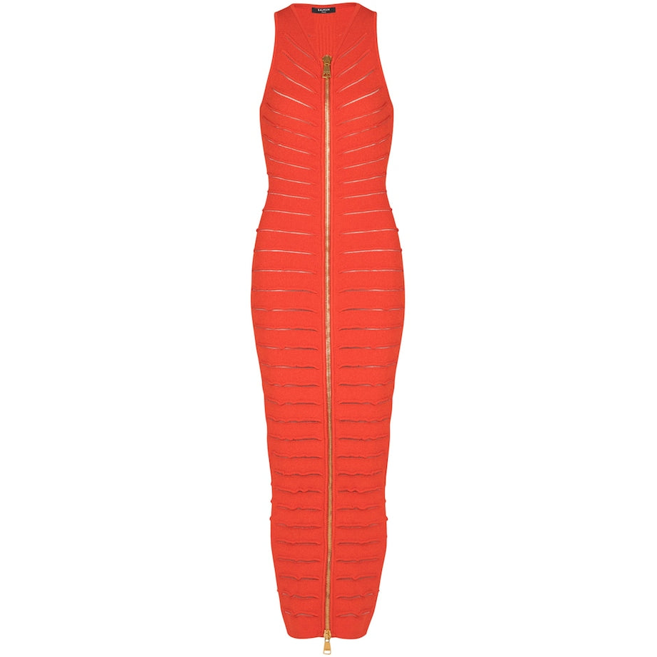 Red Knitted Distressed Midi Dress