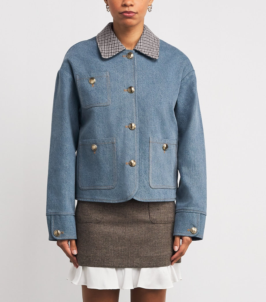 Sandro Paris Blue Denim Check-Trim Jacket