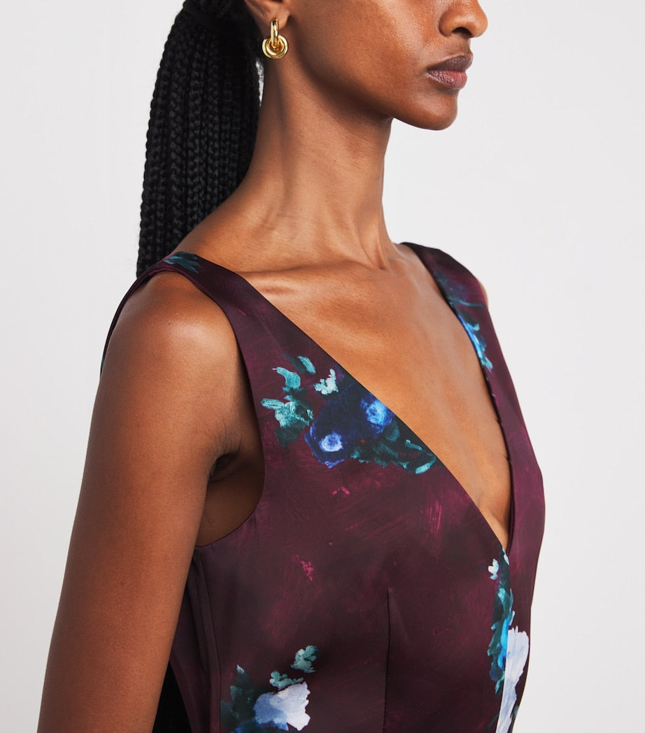 Satin Floral Cocktail Midi Dress