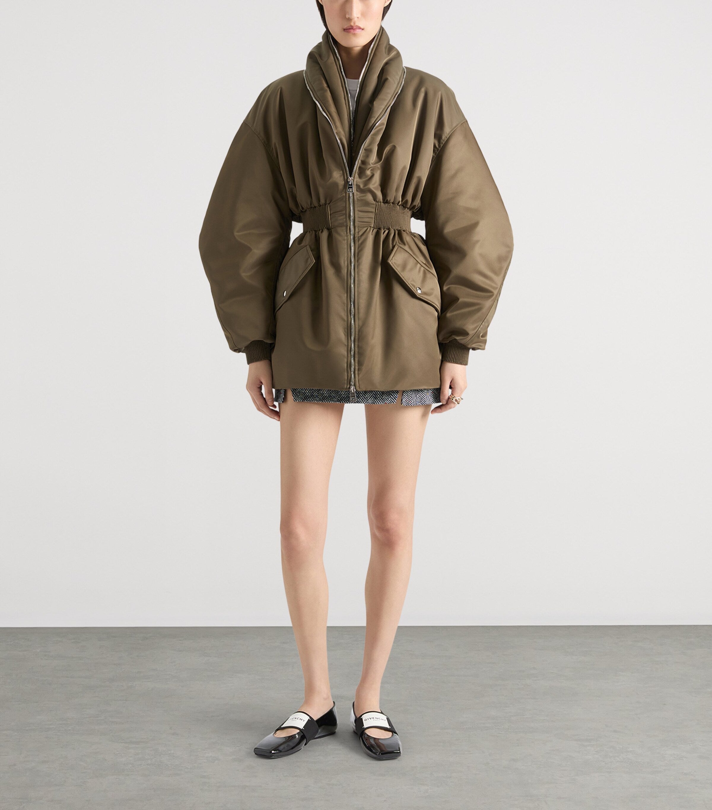 Green Shawl-Collar Long Bomber Jacket