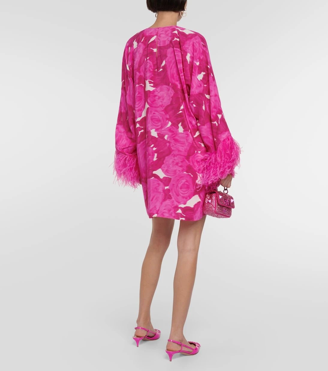 Valentino - Floral feather-trimmed silk minidress