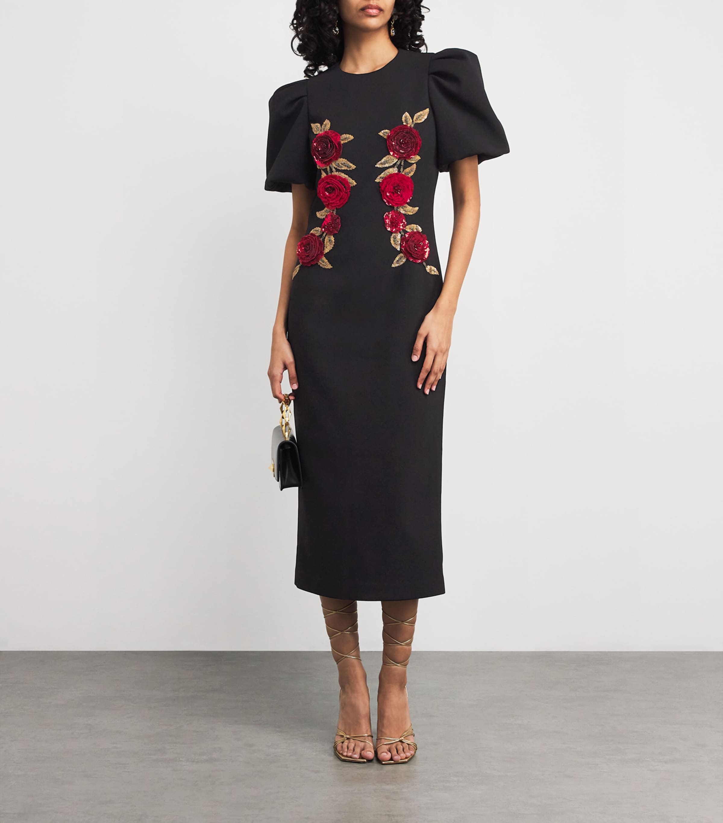 Rebecca Vallance Black Appliqué Rosetta Midi Dress