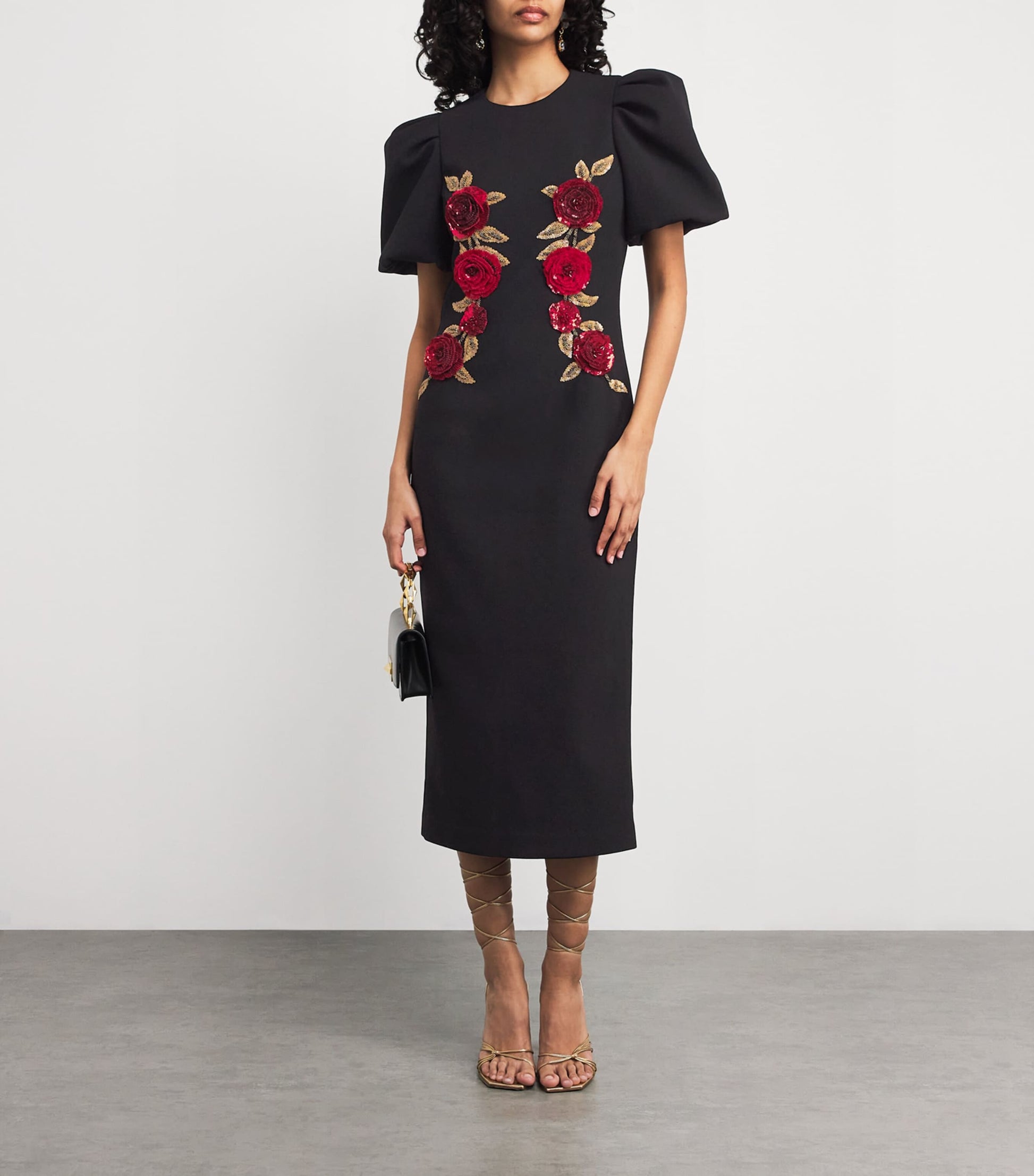 Rebecca Vallance Black Appliqué Rosetta Midi Dress