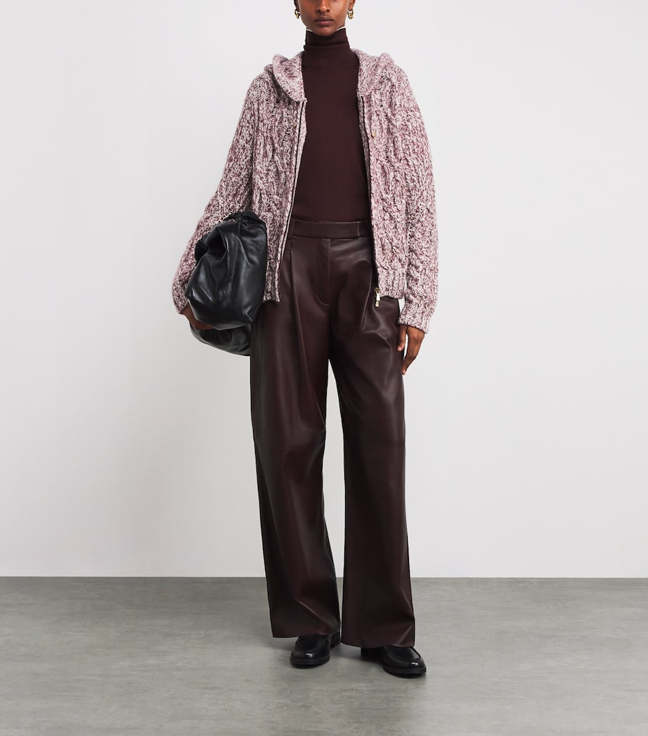 Eleventy Burgundy Wool-Blend Cable-Knit Zip-Up Hoodie