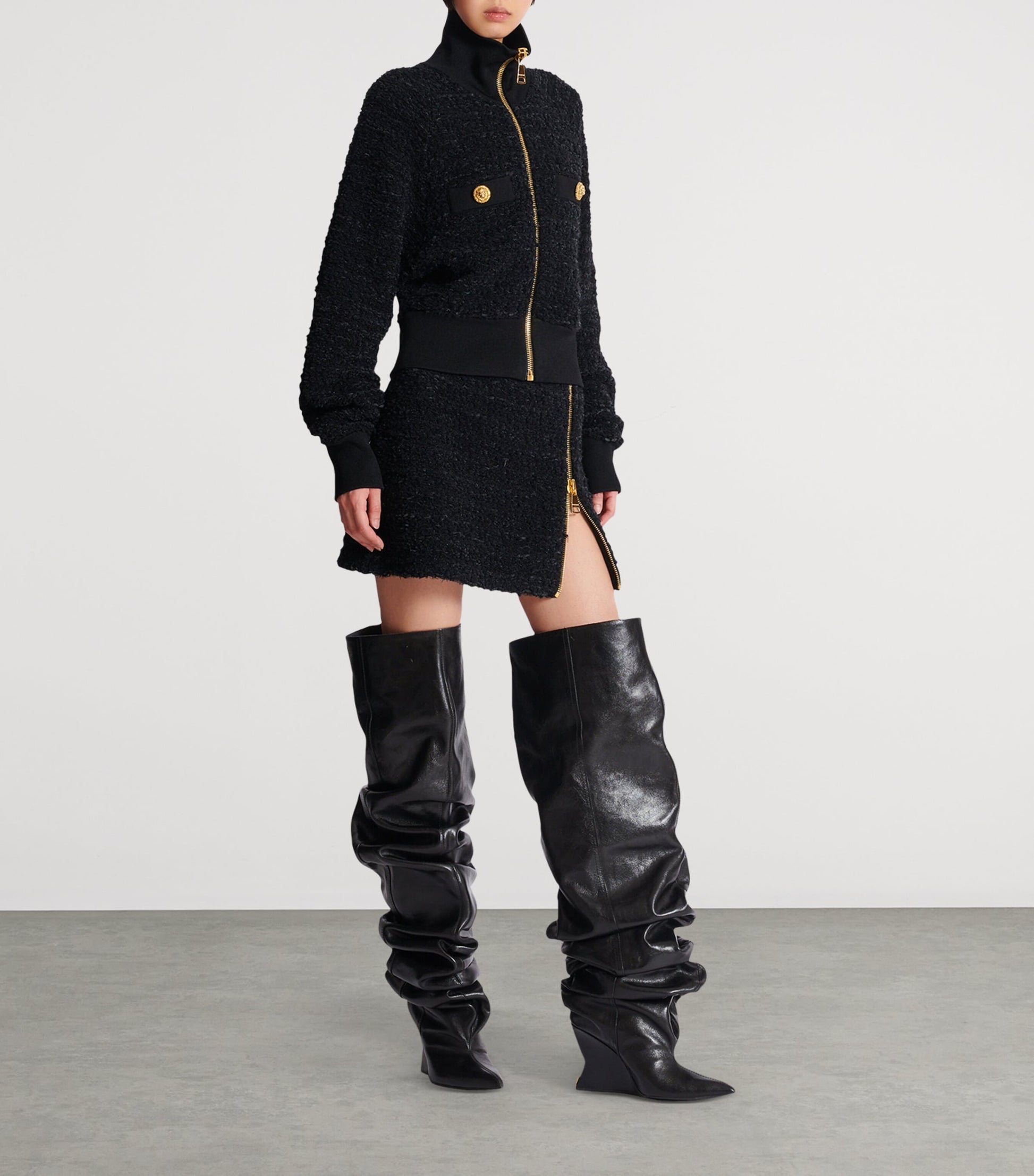 Balmain Black Tweed Bomber Jacket