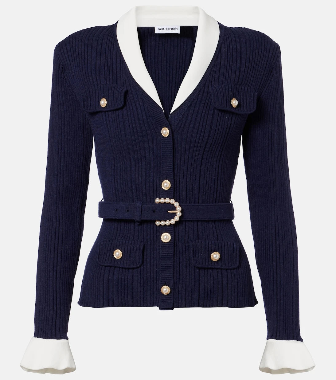 Self-Portrait - Belted ribbed-knit cardigan