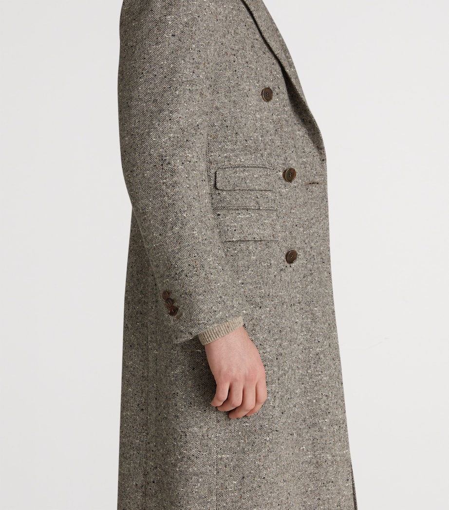 Grey Cashmere Donegal Tweed Double-Breasted Overcoat