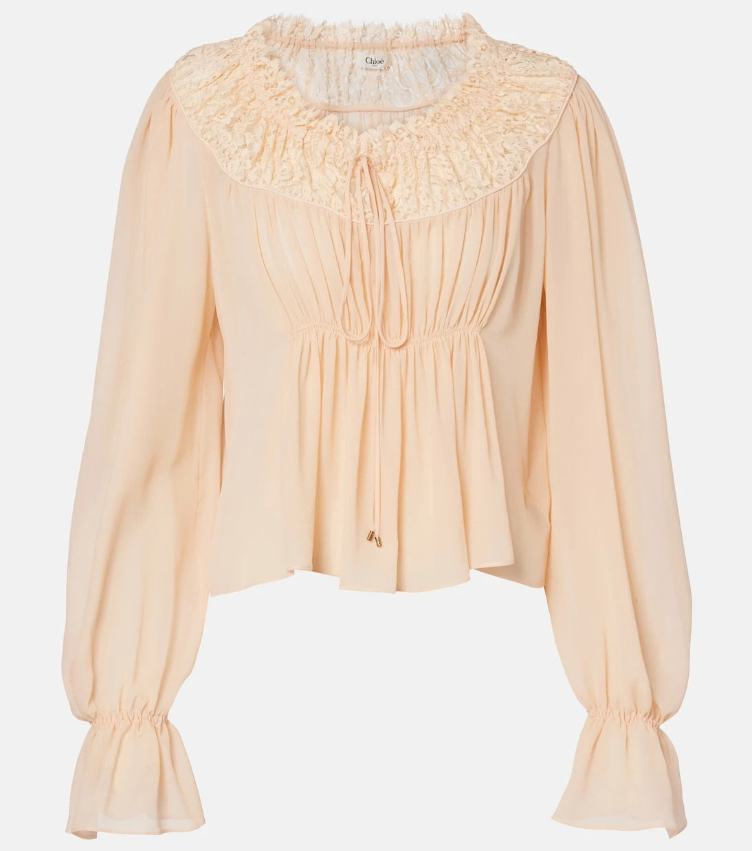 Chloé - Shirred cropped lace-trimmed silk blouse