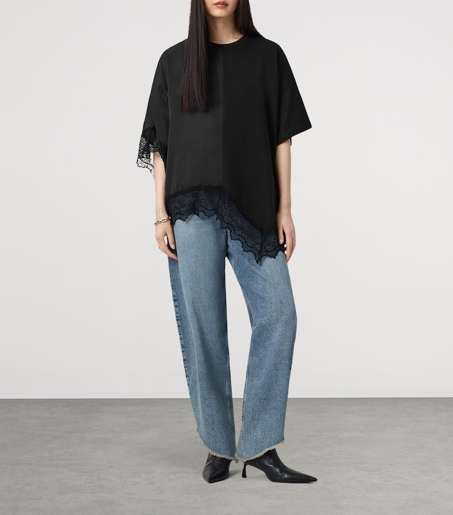 AllSaints Black Cotton Lace-Trim Lenny T-Shirt