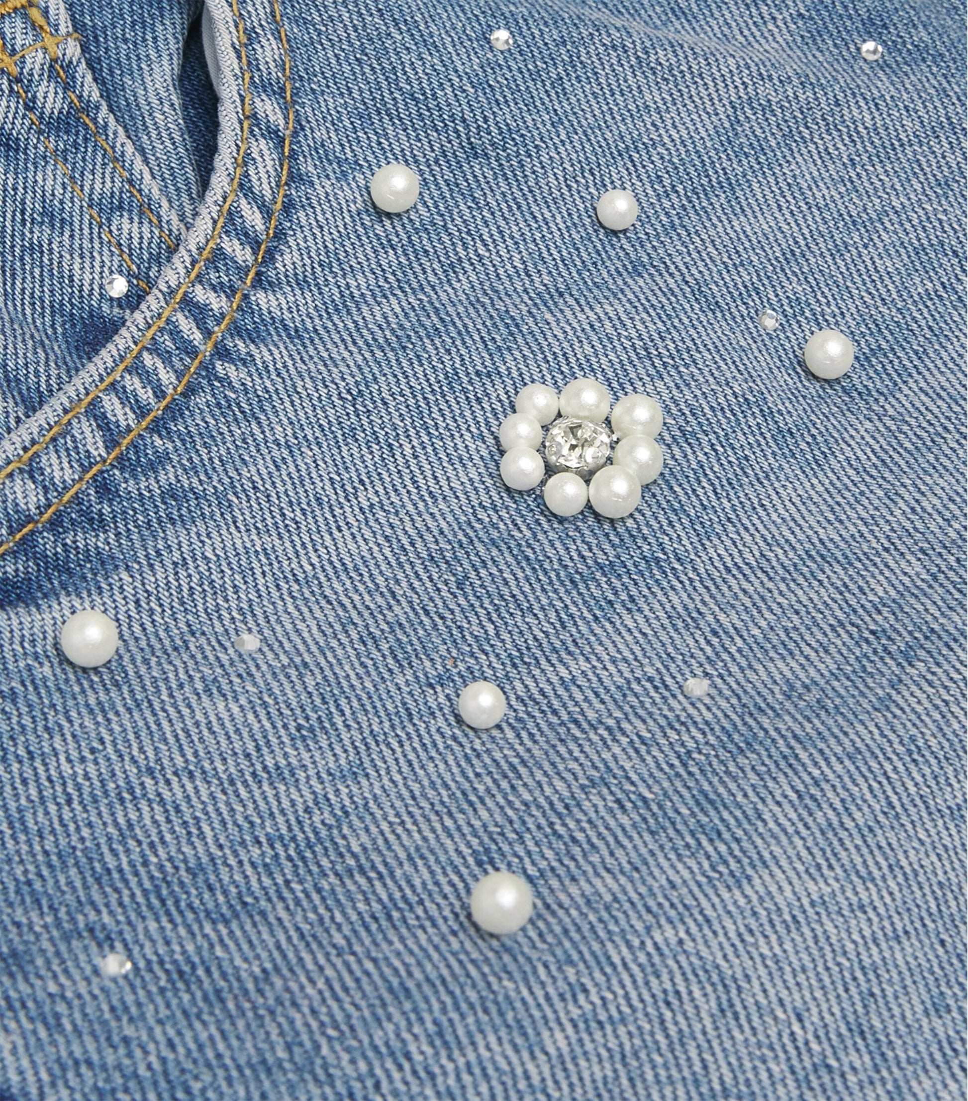 Blue Embellished Wide-Leg Denim Shorts