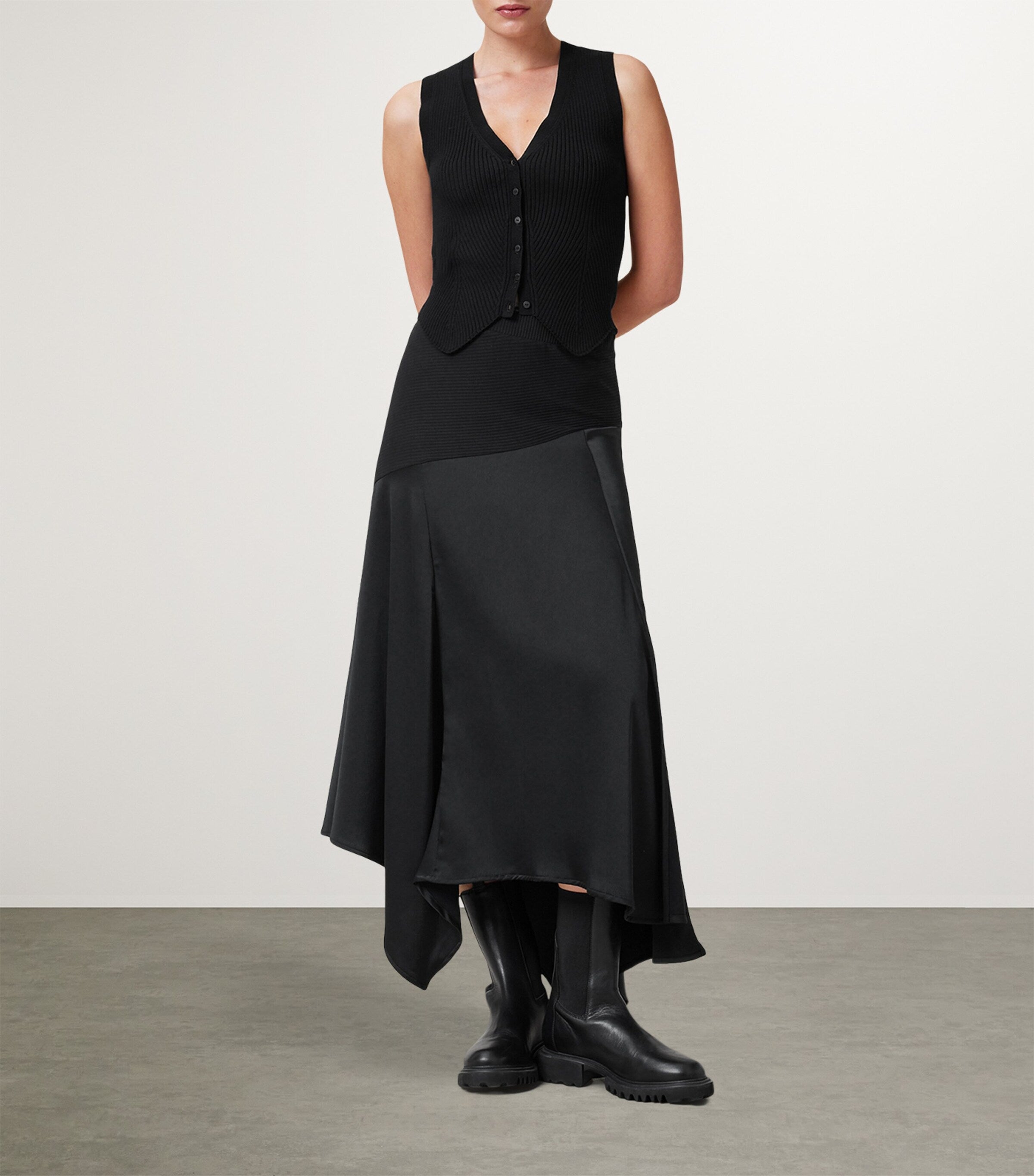 Black Satin Pia Midi Skirt