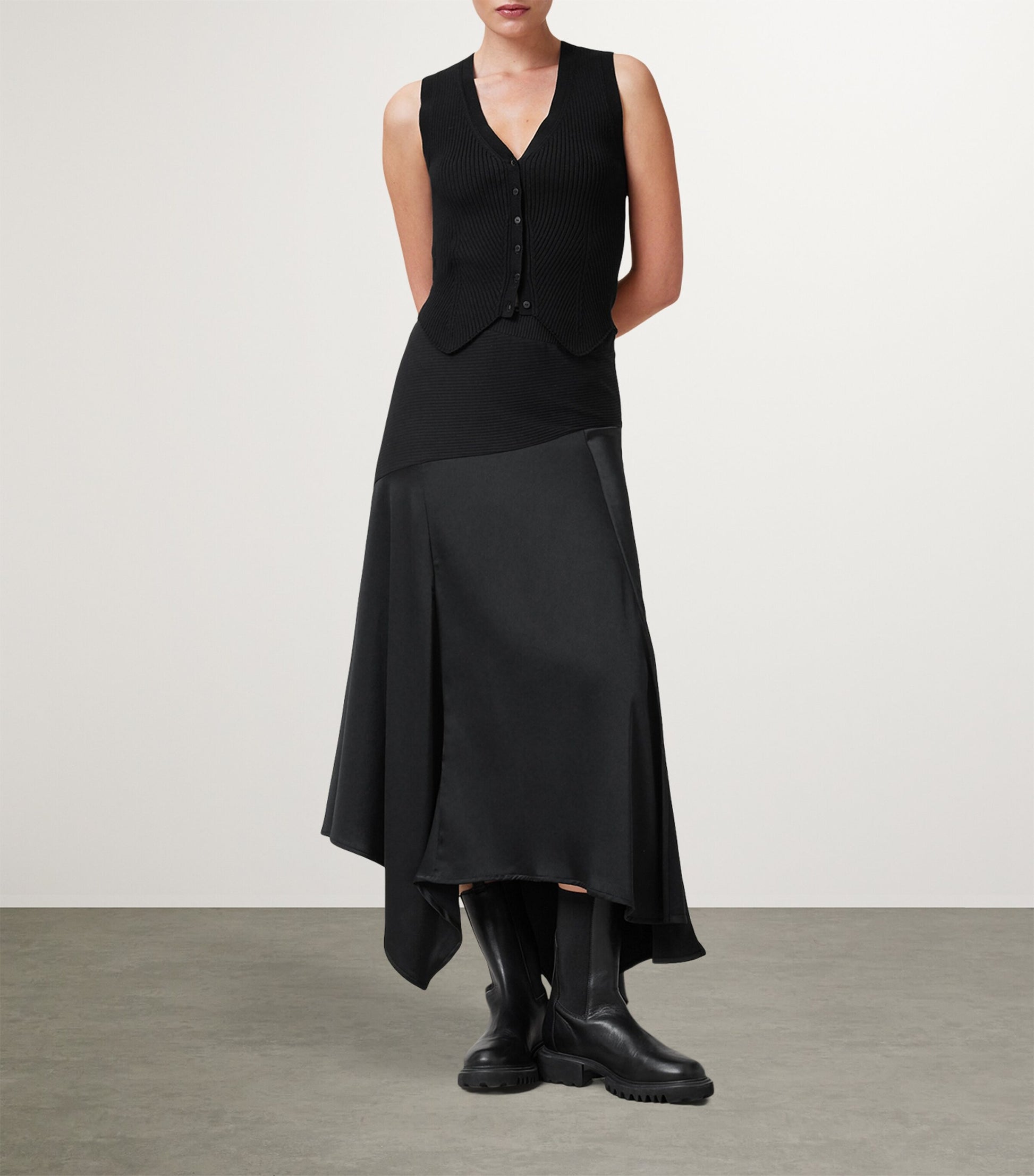 Black Satin Pia Midi Skirt