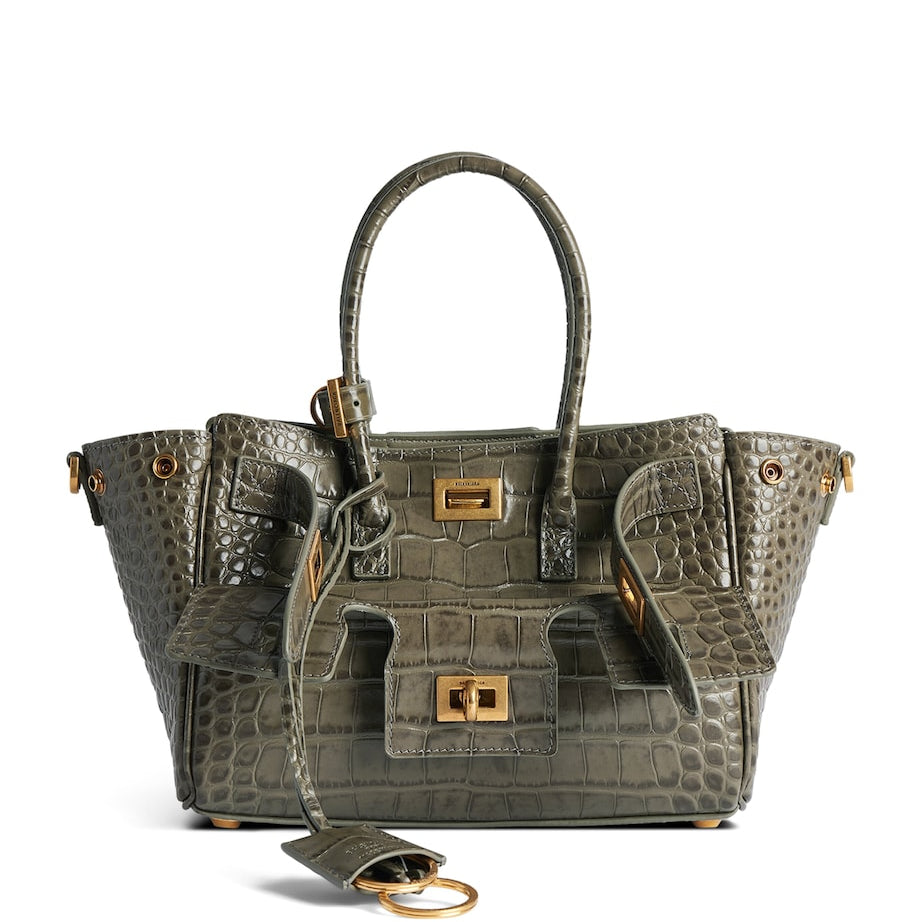 Balenciaga Green Mini Croc-Embossed Leather Bel Air Tote Bag