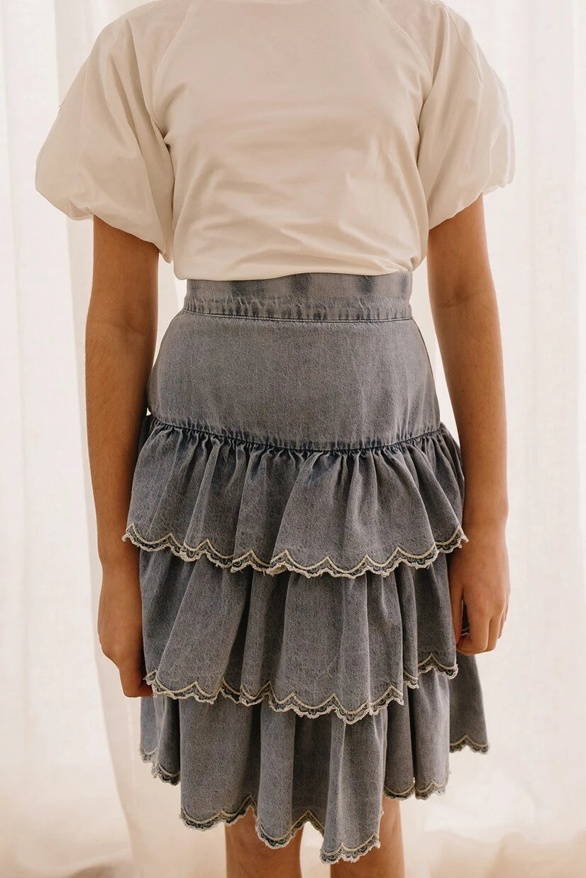 Petite Amalie - Ruffled embroidered cotton chambray skirt