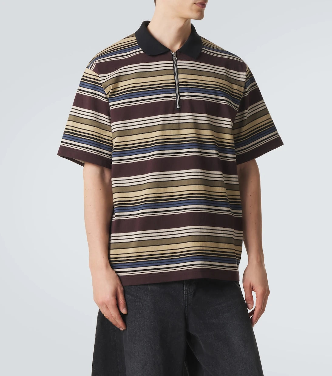 Sacai - Striped cotton half-zip polo shirt