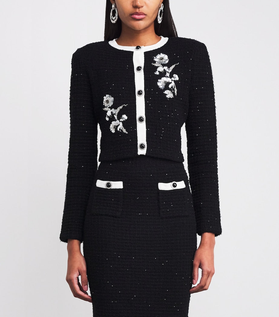 Self-Portrait Black Textured-Knit Embellished Floral Jacket