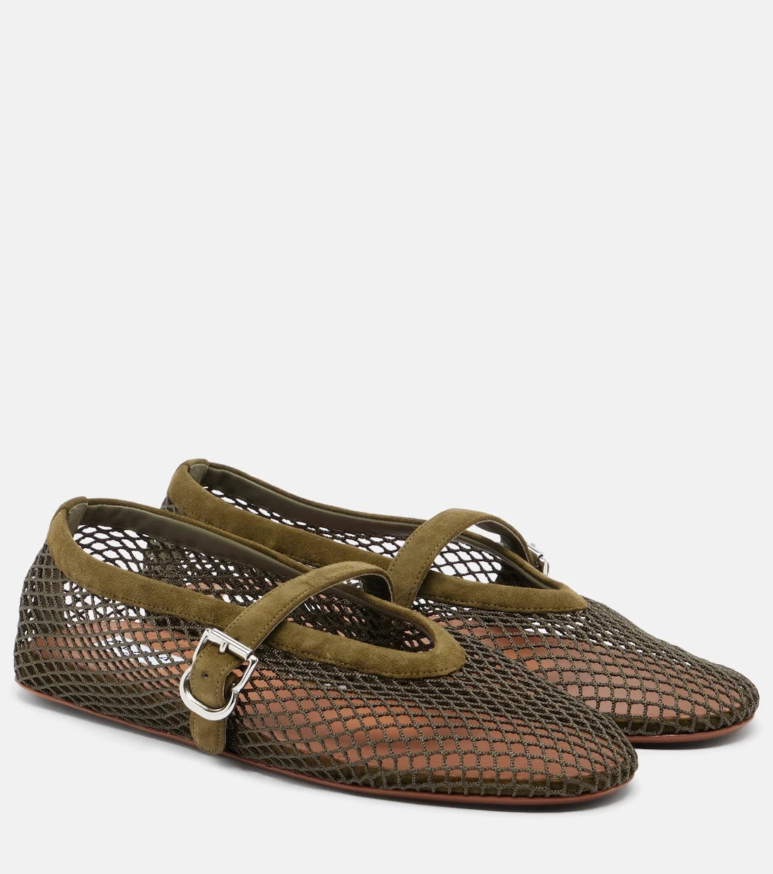 Alaïa - Fishnet suede-trimmed Mary Jane flats