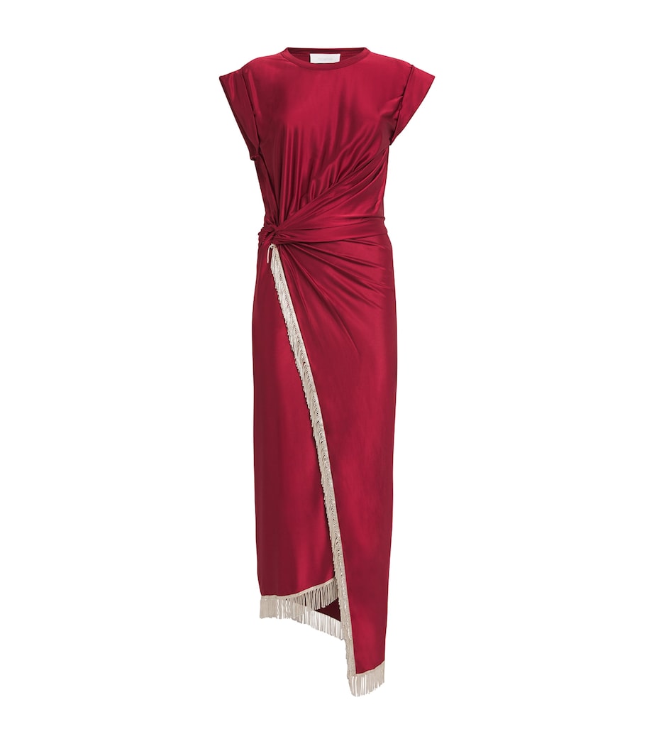 Paco Rabanne Red Tasselled Ring-Gathered Midi Dress