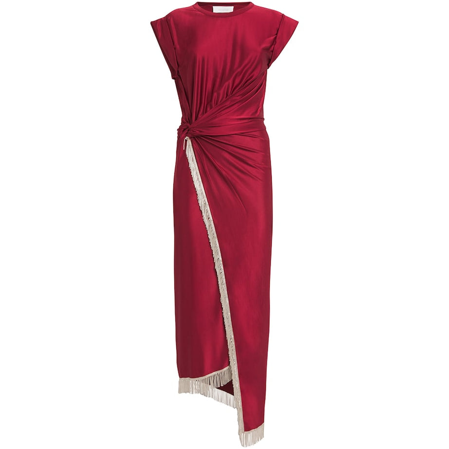 Paco Rabanne Red Tasselled Ring-Gathered Midi Dress