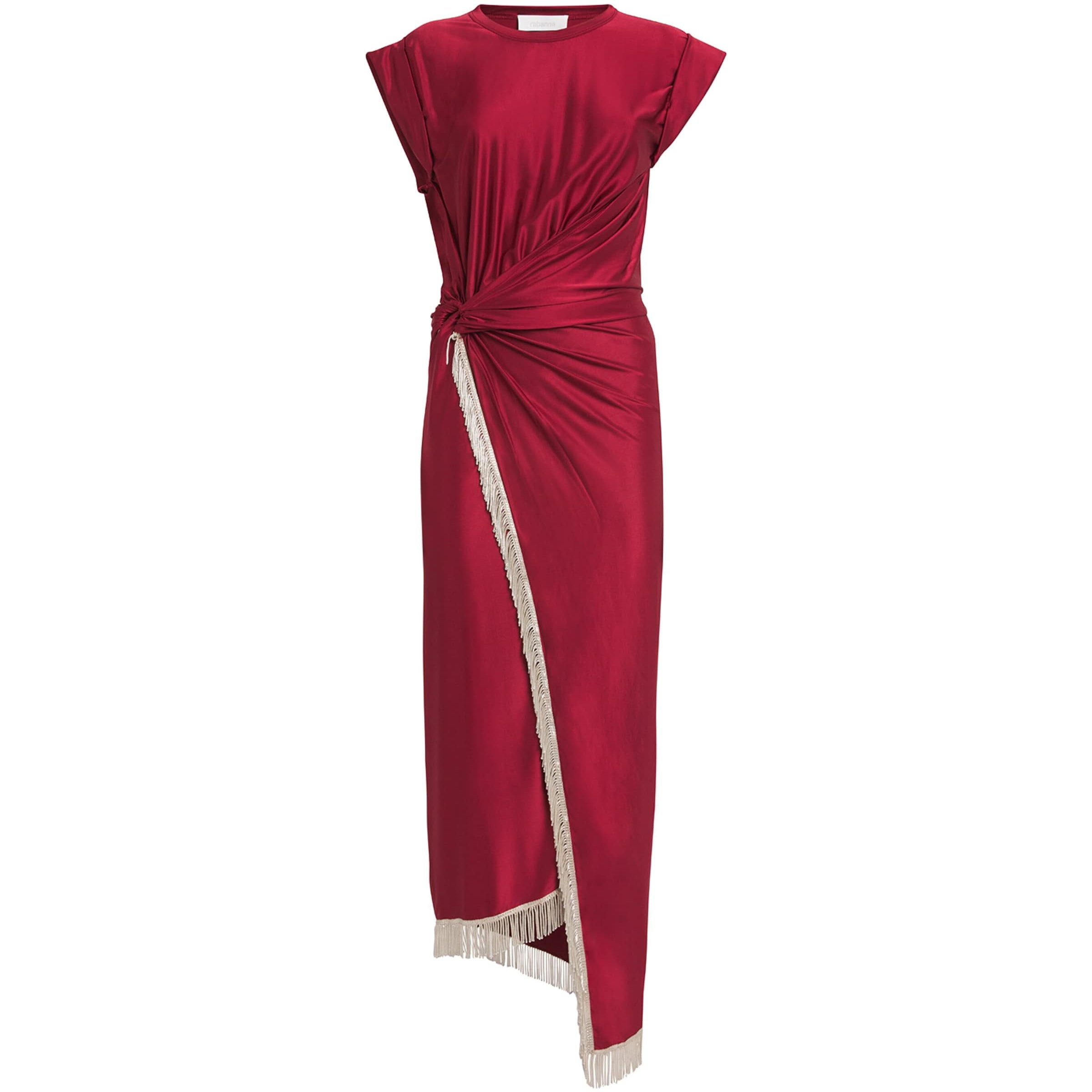 Paco Rabanne Red Tasselled Ring-Gathered Midi Dress