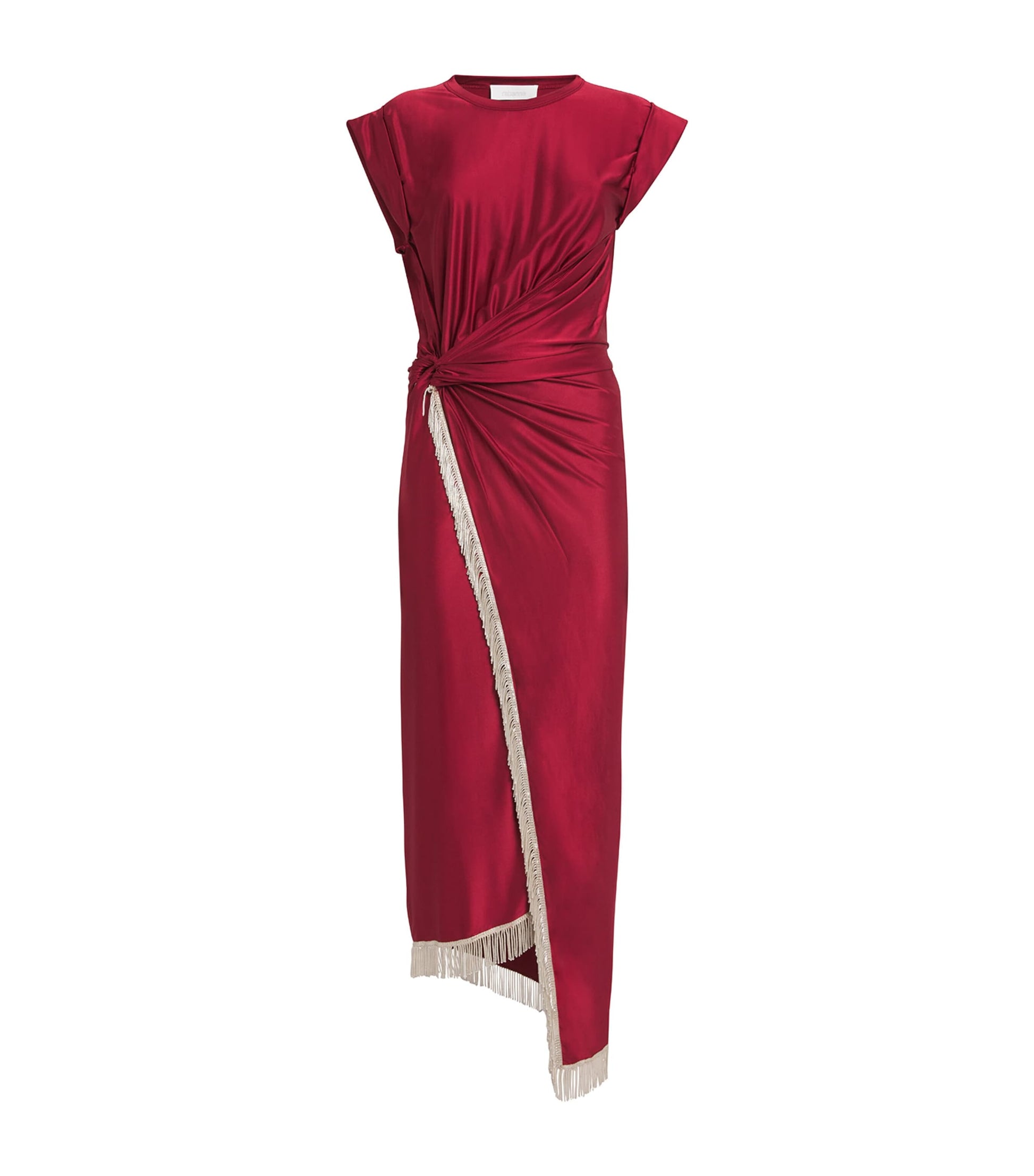 Paco Rabanne Red Tasselled Ring-Gathered Midi Dress