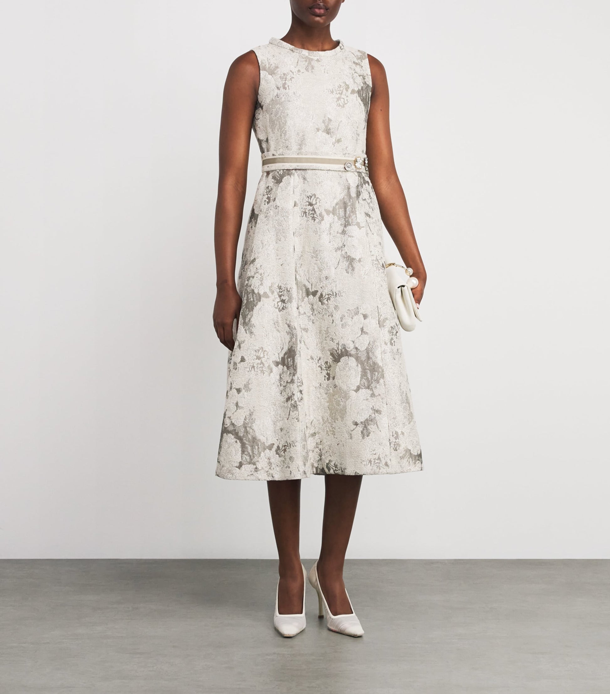 Max Mara White Metallic Jacquard Midi Dress
