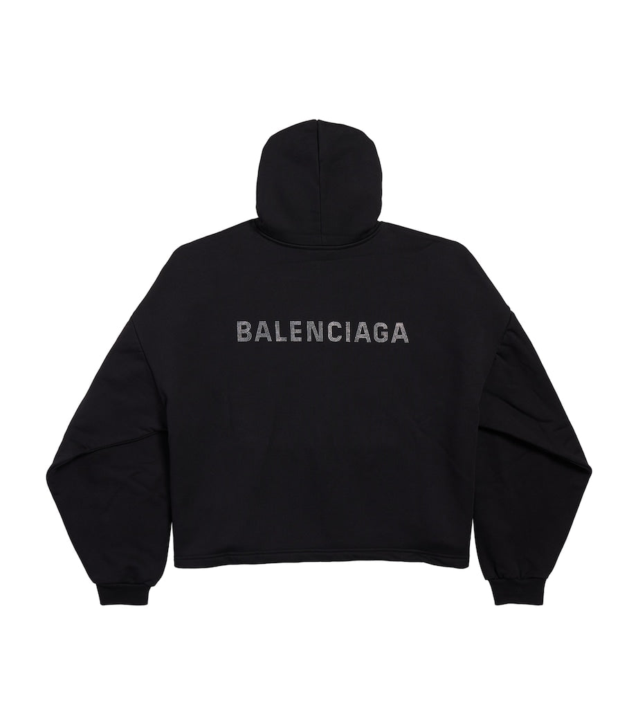 Balenciaga Black Rhinestone-Logo Cropped Hoodie