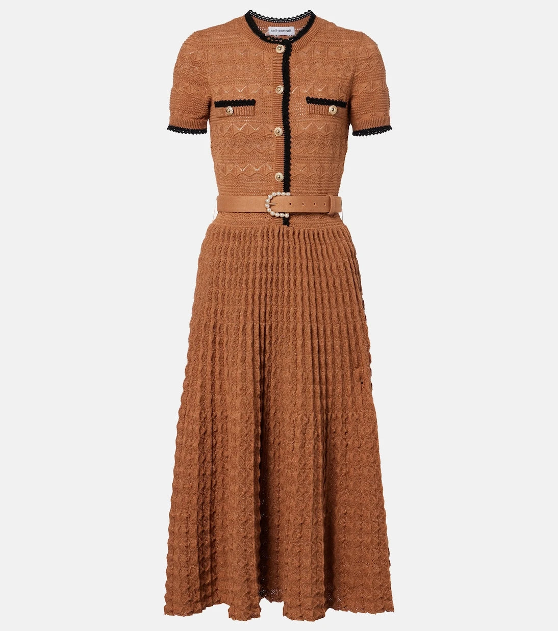 Self-Portrait - Belted pointelle cotton-blend midi dress