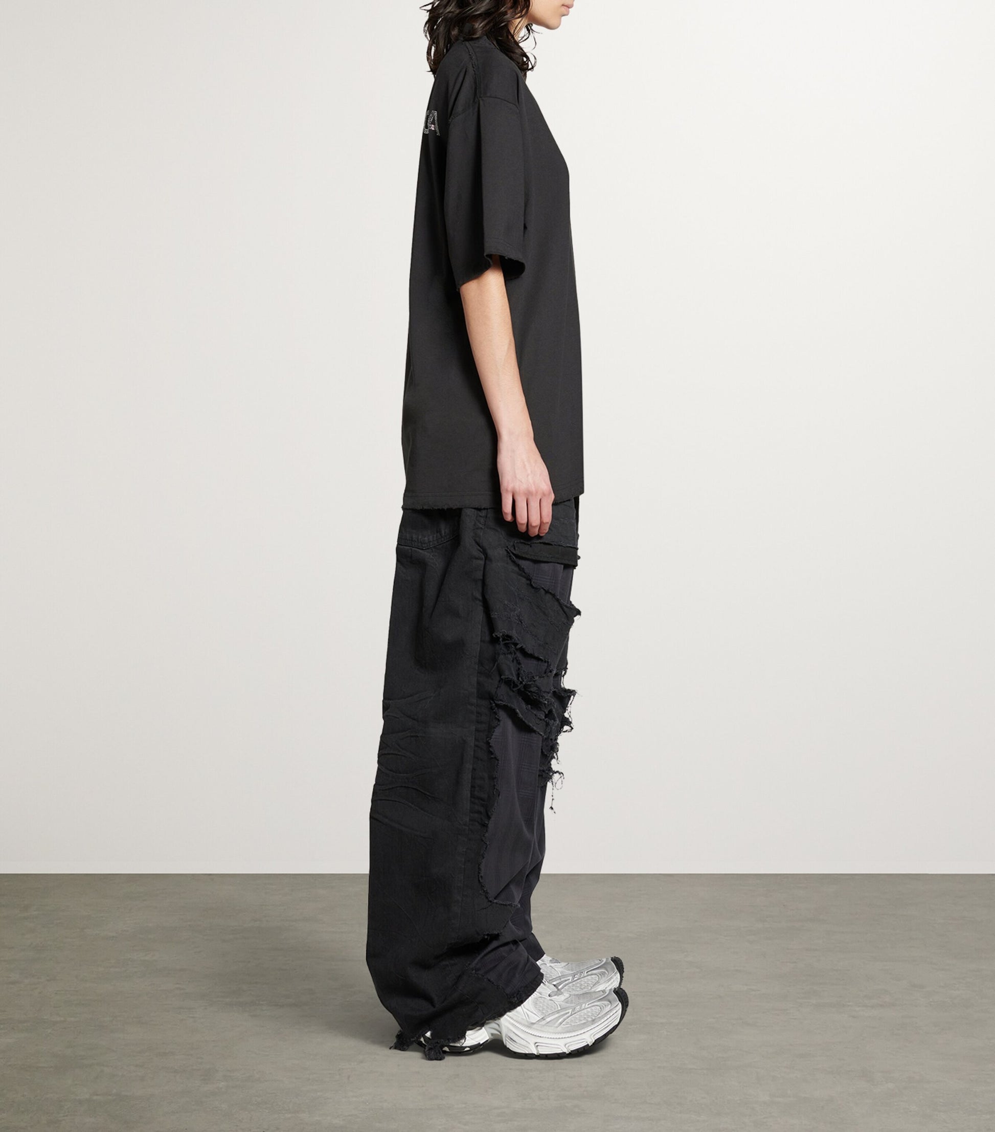 Balenciaga Black Distressed Rhinestone-Logo T-Shirt