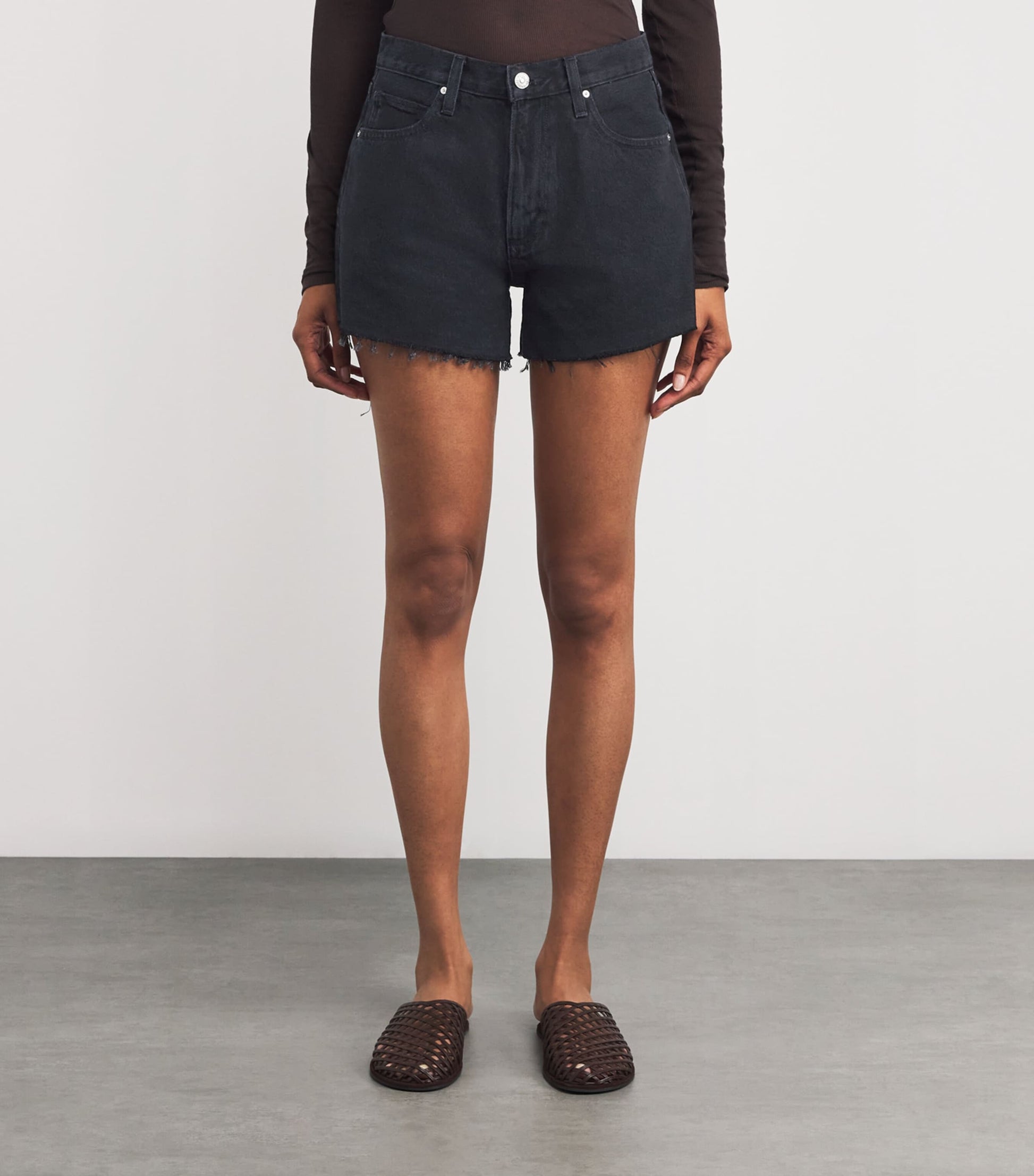 PAIGE Black Raw-Hem Archie Denim Shorts