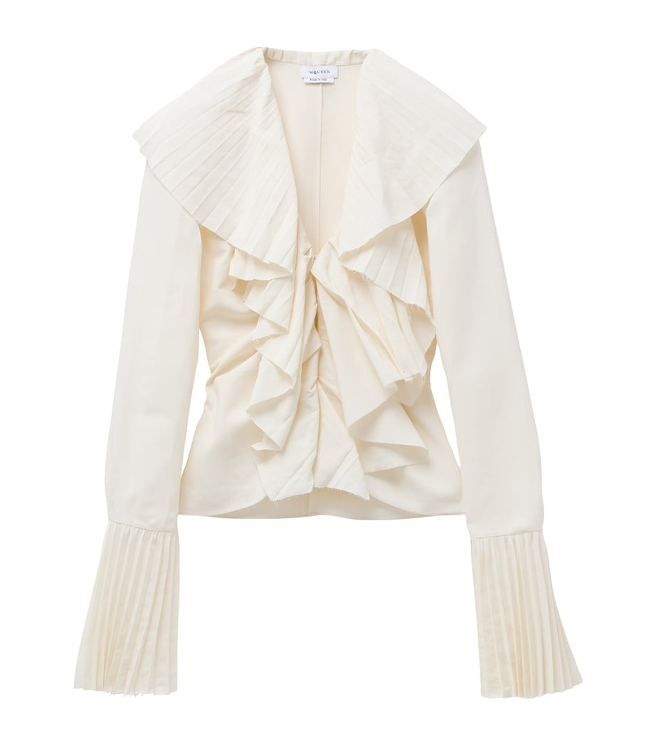 McQueen White Plissé Ruffle-Neck Blouse