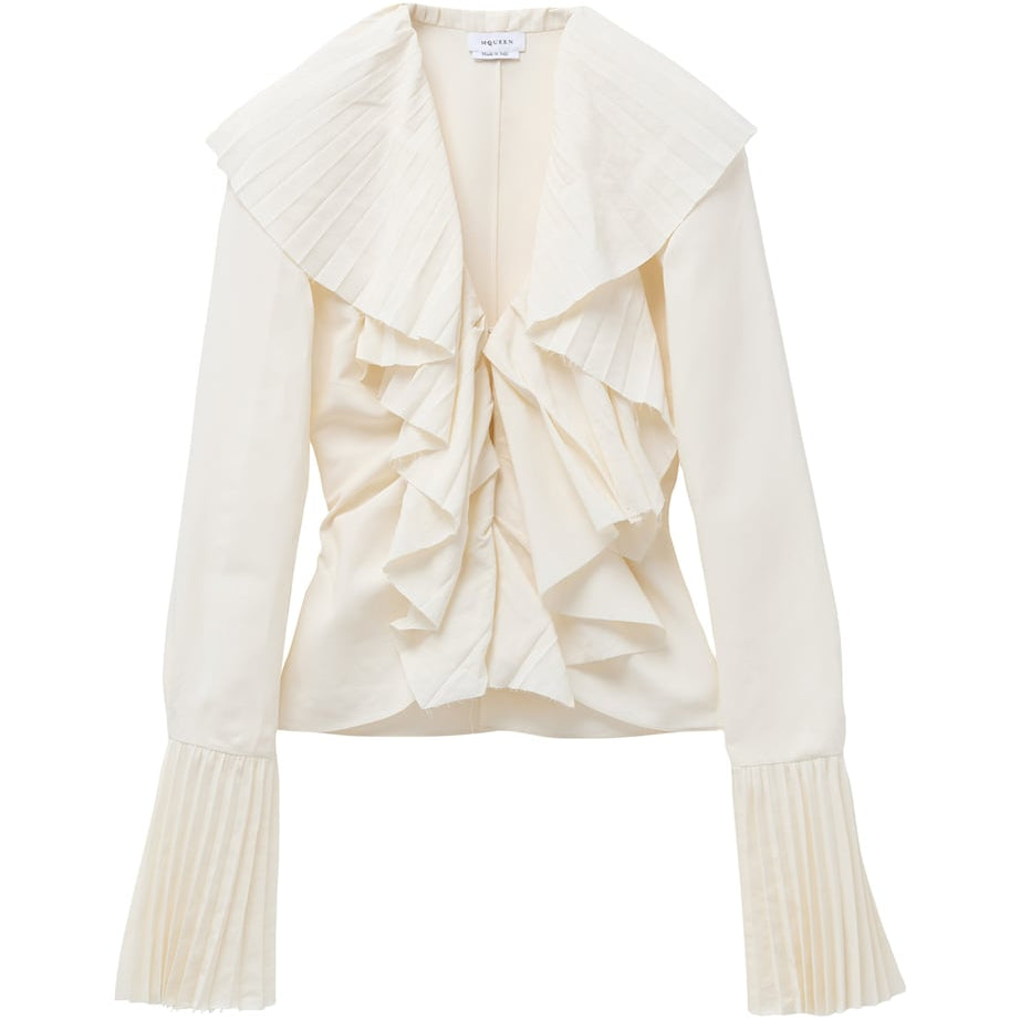 McQueen White Plissé Ruffle-Neck Blouse