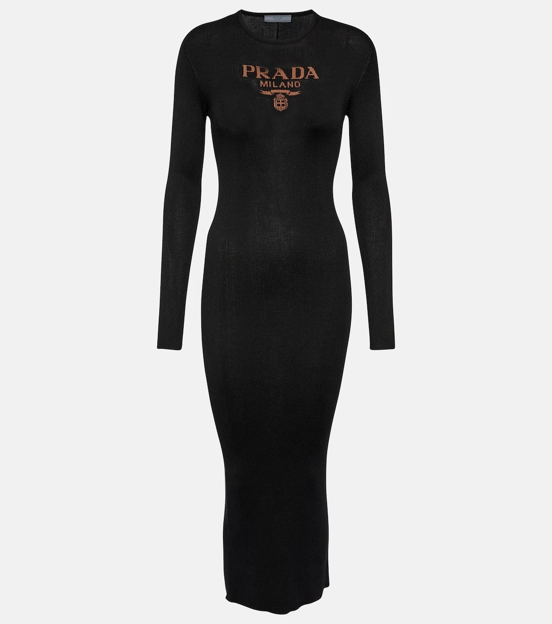 Prada - فستان ميدي حريري مضلّع ومزين بالشعار