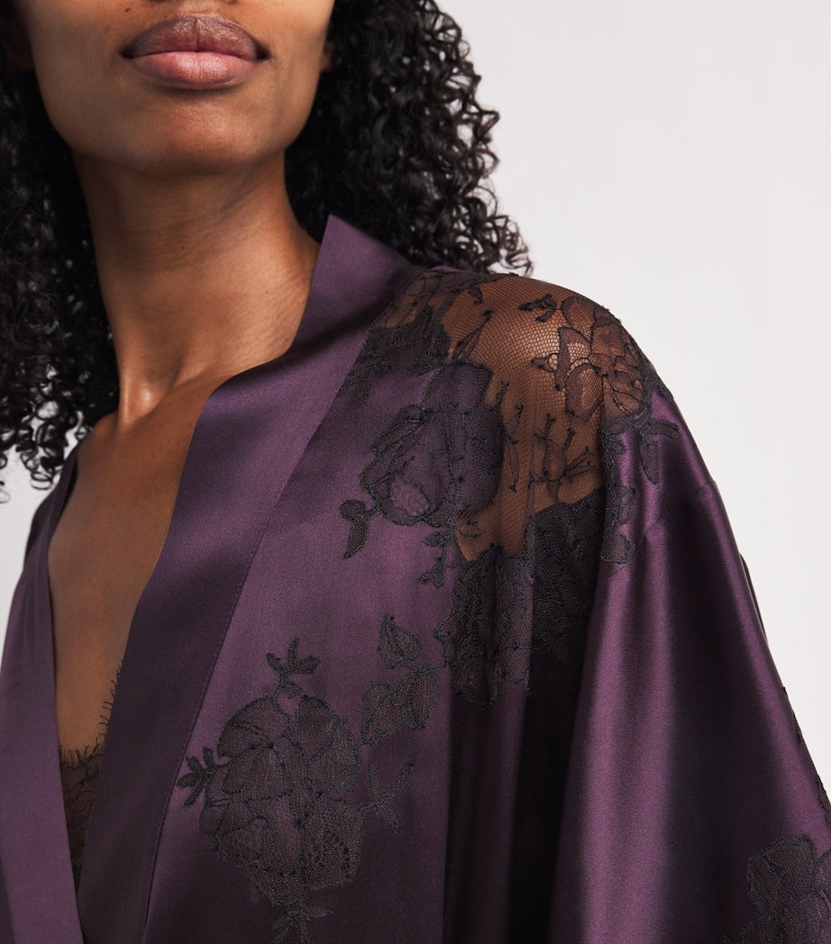 Carine Gilson Purple Silk Lace-Detail Long Robe