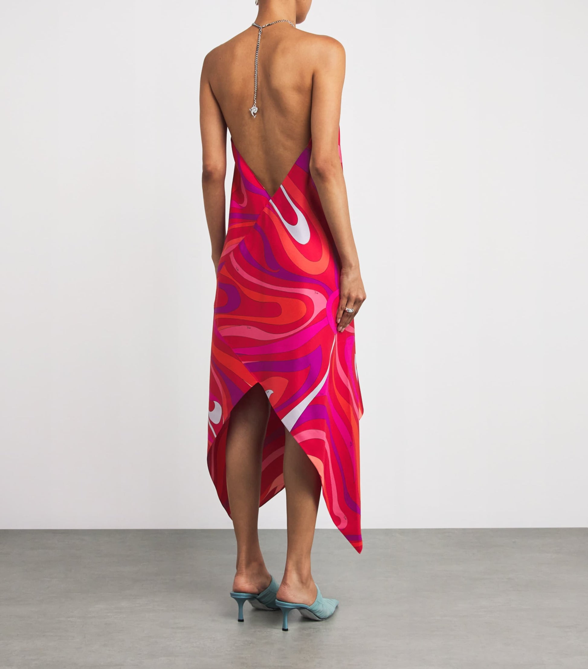 Multi Silk Marmo Print Asymmetric Midi Dress