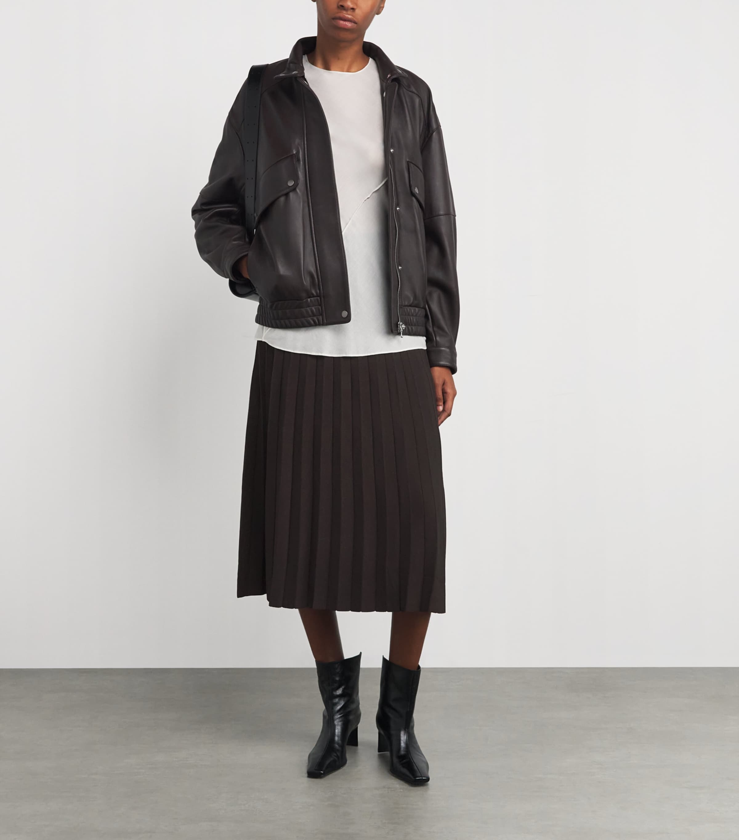 STAUD Brown Ribbed Lena Midi Skirt