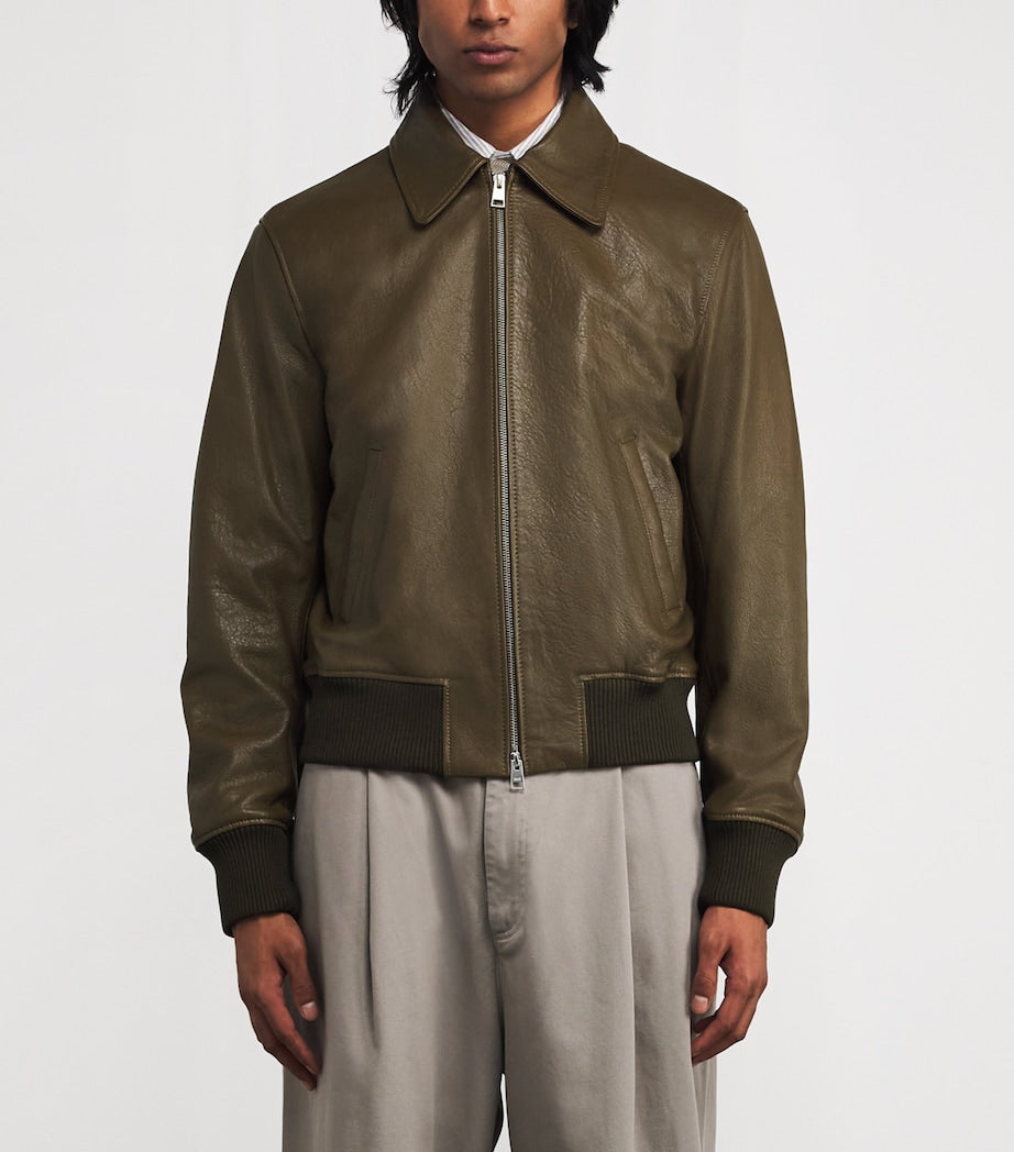 Brown Leather Collar Bomber Jacket