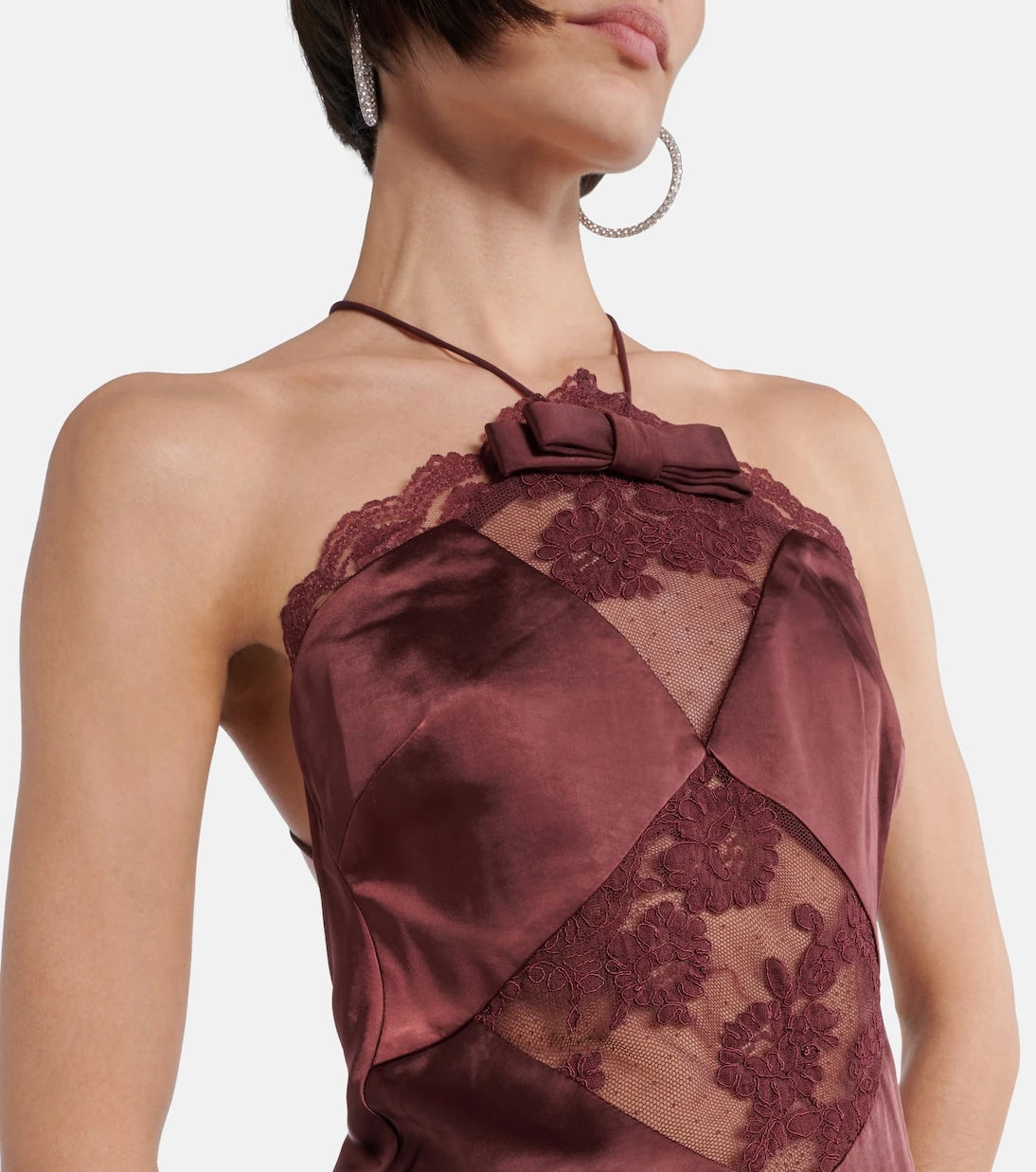Self-Portrait - Lace-trimmed halterneck satin gown