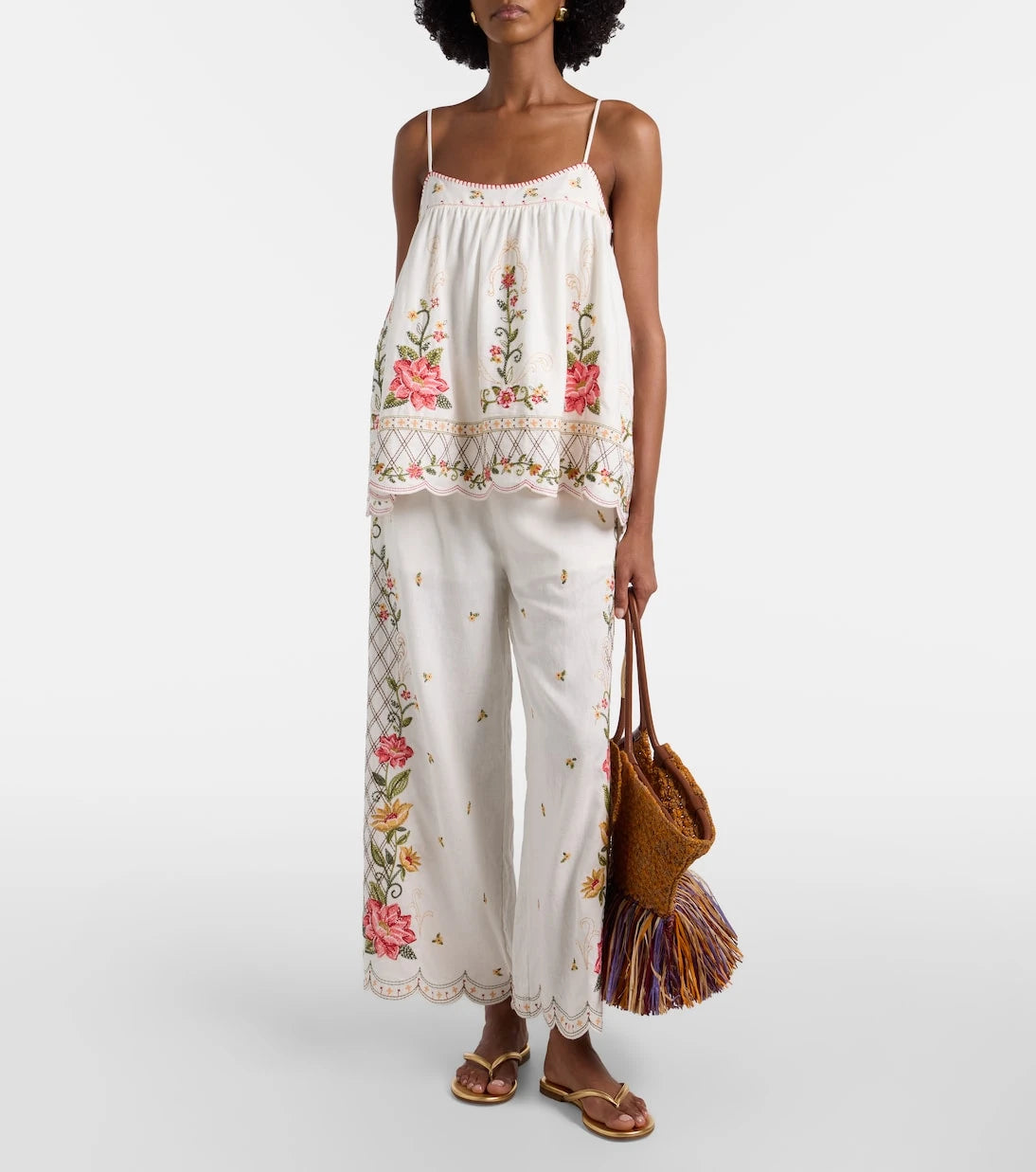 Farm Rio - Embroidered linen-blend top