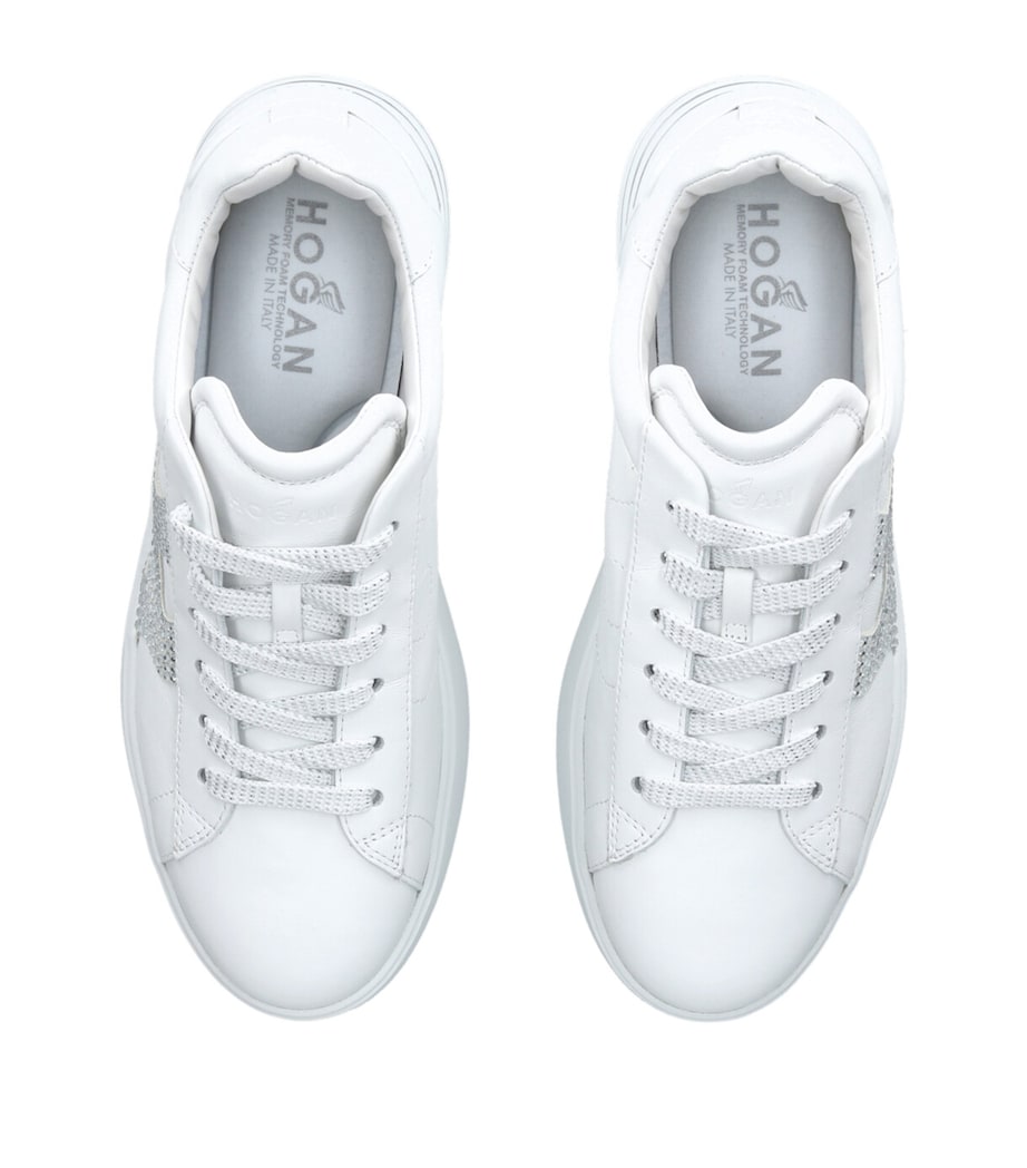 White Leather Rebel Crystal-Embellished Sneakers