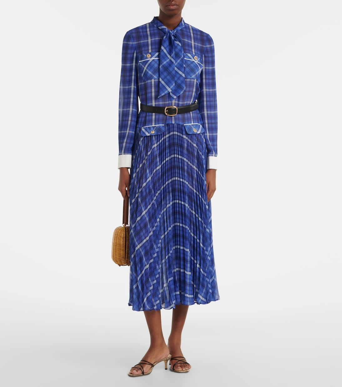 Self-Portrait - Belted checked chiffon midi dress