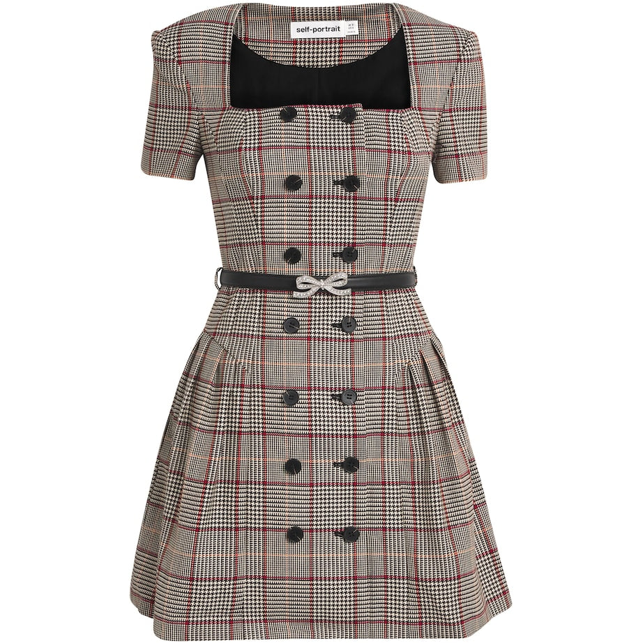 Self-Portrait Brown Houndstooth Mini Dress