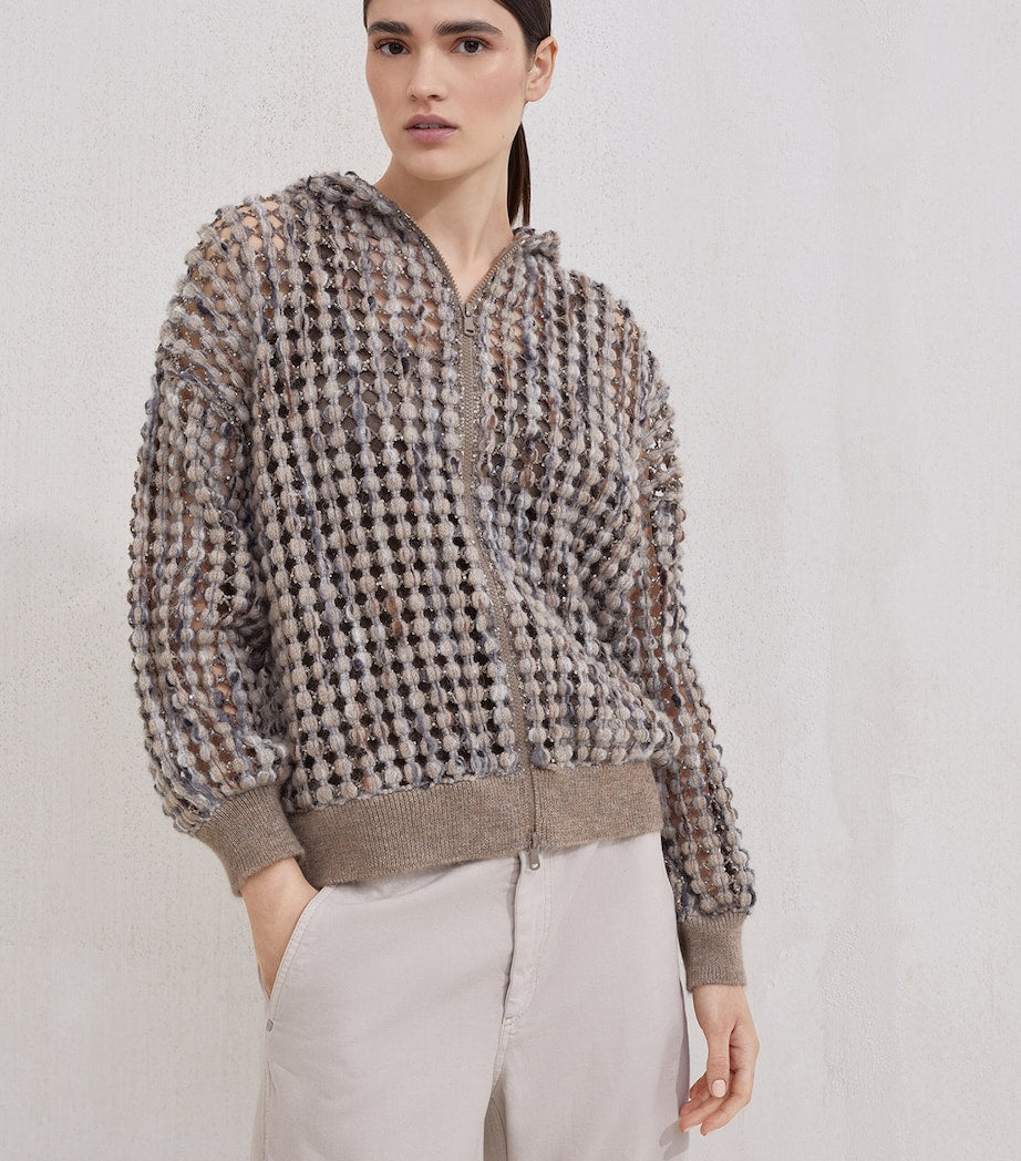 Brunello Cucinelli Black Net-Embroidered Zip-Up Hoodie