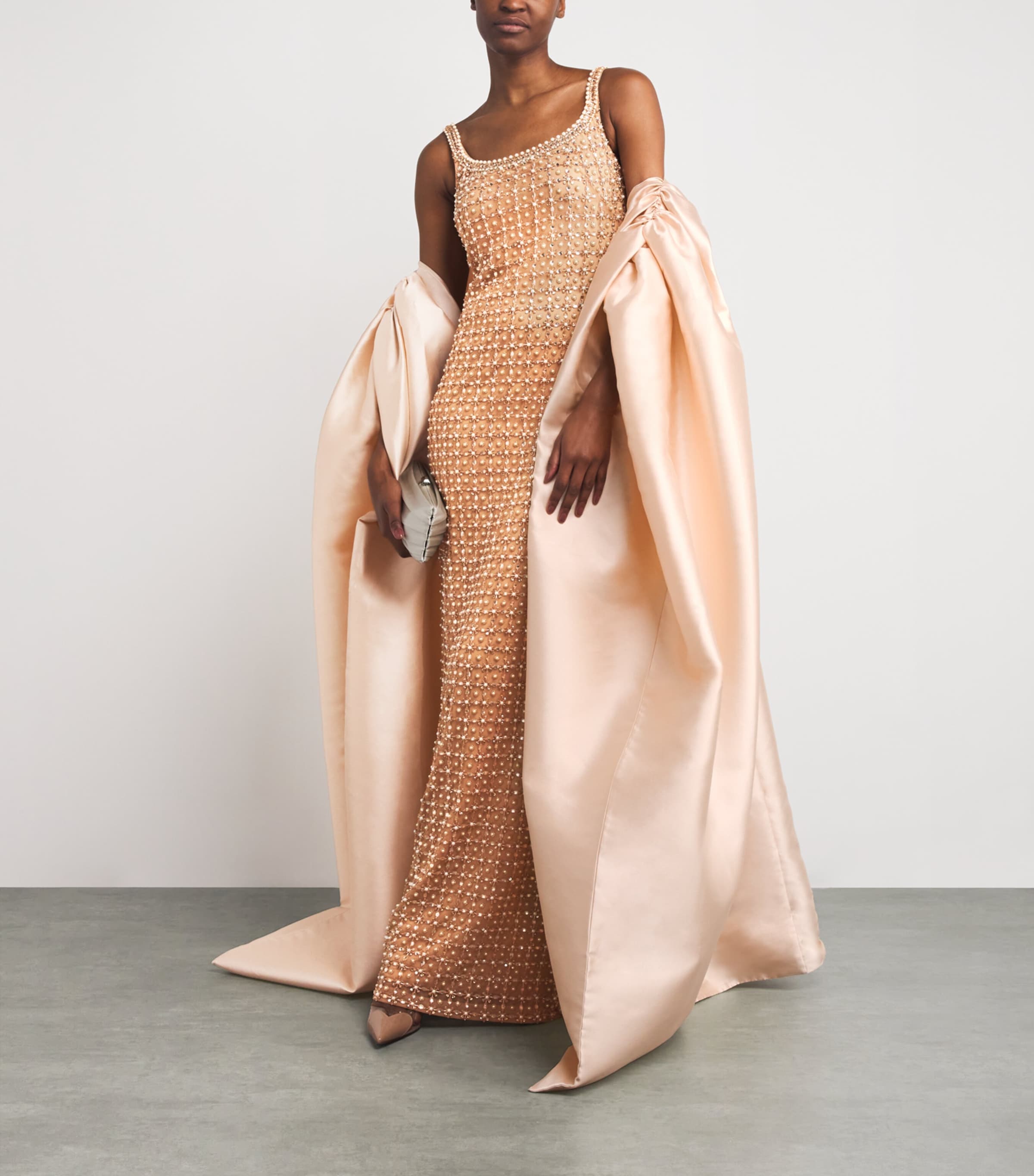 Pamella Roland Nude Embellished Gown with Cape