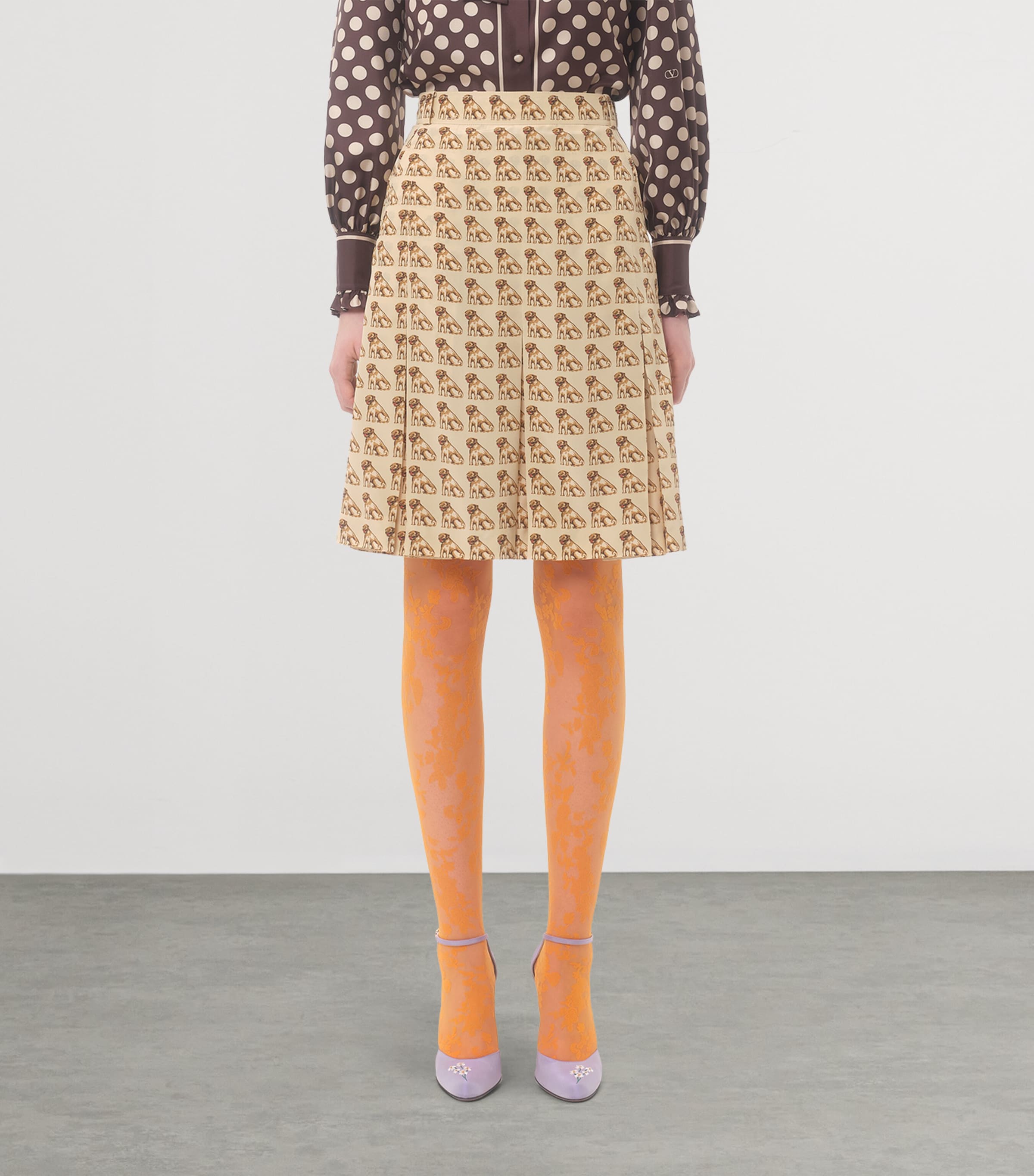 Valentino Nude Silk Dog-Print Midi Skirt